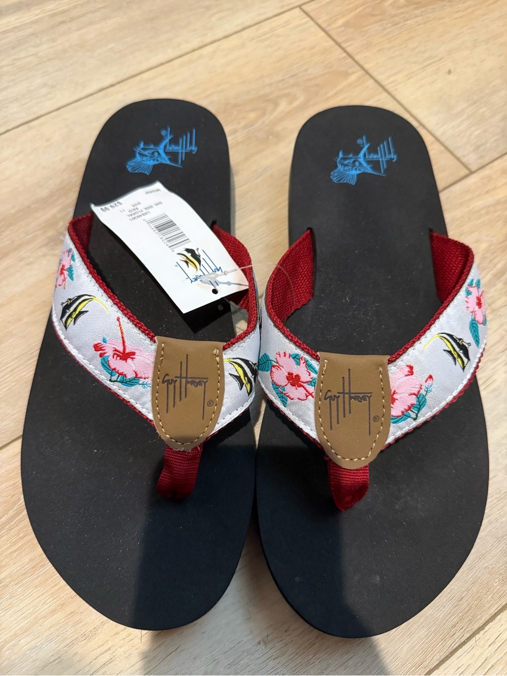 Guy Harvey Black Footbed Flip Flops with Red Floral Straps